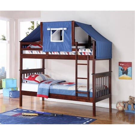 Fixturesfirst PD-120-3CP-755CP-B Twin Size Mission Bunk Bed with Tent Kit - Cappuccino & Blue FI3168156